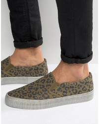 Asos Slip On Sneakers In Khaki Leopard Print With Distressed Sole