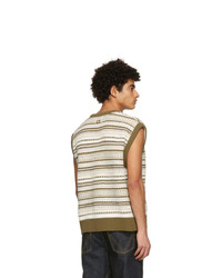 Wooyoungmi Khaki And White Striped V Neck Sweater Vest