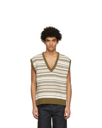 Wooyoungmi Khaki And White Striped V Neck Sweater Vest