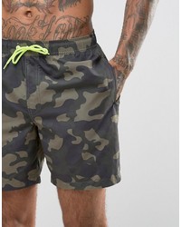 Asos Swim Shorts With Camo Print Neon Drawcord In Mid Length