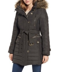 London Fog Belted Down Coat With Faux Fur Trim