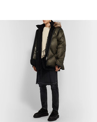 Sacai Faux Fur And Wool Twill Trimmed Quilted Nylon Down Coat