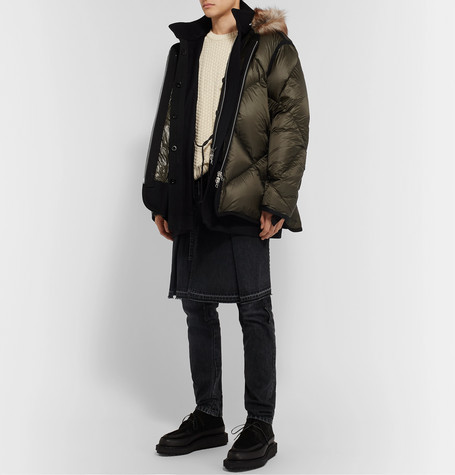 Sacai Faux Fur And Wool Twill Trimmed Quilted Nylon Down Coat, $1,881 ...