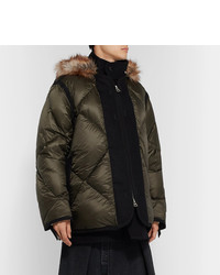 Sacai Faux Fur And Wool Twill Trimmed Quilted Nylon Down Coat