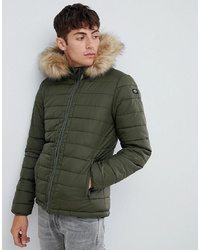 Schott Rocky 2 Hooded Puffer Bomber With Detachable Faux In Green