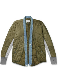 Greg Lauren Distressed Denim And Jersey Panellled Quilted Ripstop Jacket