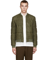 Olive Quilted Leather Bomber Jacket