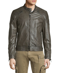 Belstaff Lightweight Leather Jacket Wquilted Panels Combat Green