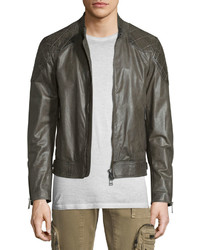 Belstaff Lightweight Leather Jacket Wquilted Panels Combat Green