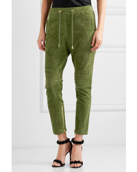 Balmain Quilted Cropped Suede Track Pants Army Green