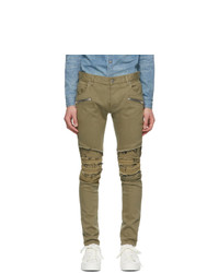 Balmain Khaki Ribbed Patches Slim Jeans