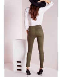 Missguided Lawless Mid Rise Ripped Knee Jegging Khaki