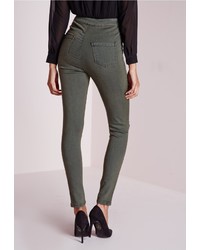 Missguided Vice Super Stretch High Waisted Ripped Knee Skinny Jeans Khaki