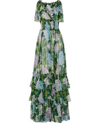 Dolce & Gabbana Ruffled Floral Print Silk Chiffon Gown Green