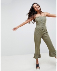 ASOS DESIGN Cotton Frill Hem Jumpsuit With Square Neck And Button Detail