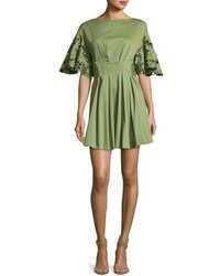 Josie Natori Ruffled Lace Sleeve Stretch Cotton Dress Olive