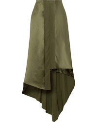 Elizabeth and James Sydney Asymmetric Silk Satin Midi Skirt Army Green