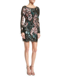 Roberto Cavalli Long Sleeve Sequined Cocktail Dress Military Green