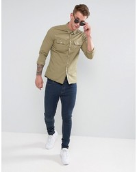 Asos Slim Shirt With Double Pockets In Light Green