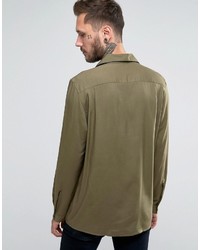 Asos Viscose Shirt In Khaki With Revere Collar And Piping In Regular Fit