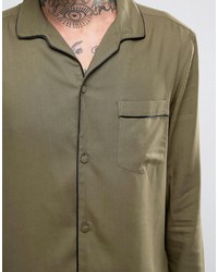 Asos Viscose Shirt In Khaki With Revere Collar And Piping In Regular Fit