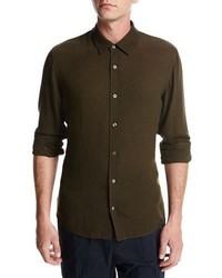 Vince Viscose Wool Button Front Shirt Olive