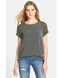 Gibson Sheer Shoulder Blouse Olive Tuscan X Small