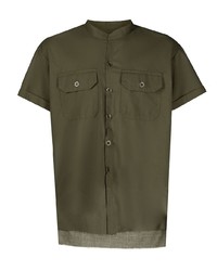 Greg Lauren Band Collar Short Sleeve Cotton Shirt