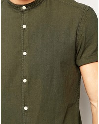 Asos Brand Laundered Shirt In Khaki With Grandad Collar In Short Sleeve In Regaular Fit