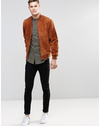 Asos Brand Skinny Shirt In Khaki Jersey With Grandad Collar And Short Sleeves