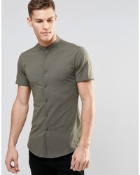 Asos Brand Skinny Shirt In Khaki Jersey With Grandad Collar And Short Sleeves
