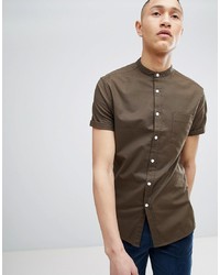 ASOS DESIGN Casual Skinny Fit Oxford Shirt With Grandad Collar In Khaki