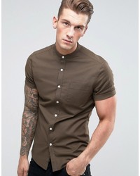 ASOS DESIGN Casual Slim Oxford Shirt With Stretch And Grandad Collar