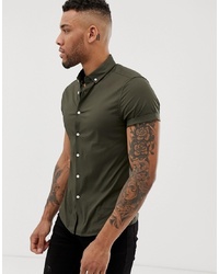 ASOS DESIGN Skinny Short Sleeve Shirt With Collar In Khaki