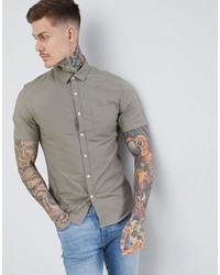 ASOS DESIGN Slim Oxford Shirt In Light Khaki With Short Sleeves