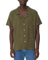 LES DEUX Towel Short Sleeve Cotton Button Up Shirt In Olive Night At Nordstrom