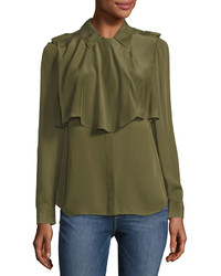 Frame Mixed Military Long Sleeve Silk Shirt Dark Green
