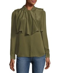 Frame Mixed Military Long Sleeve Silk Shirt Dark Green