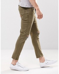 Asos Brand Skinny Cropped Jeans With Extreme Knee Rips In Light Green