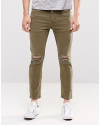 Asos Brand Skinny Cropped Jeans With Extreme Knee Rips In Light Green