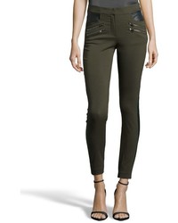 Greylin Olive Green Stretch Cotton Zip Detail Cropped Leggings