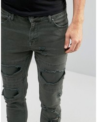 Asos Skinny Jeans With Rips In Khaki