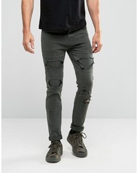 Asos Skinny Jeans With Rips In Khaki