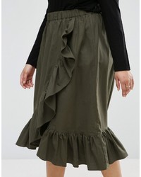 Asos Curve Curve Wrap Midi Skirt In Cotton With Ruffle Hem