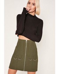 Missguided Khaki Zip Through Ring Detail Crepe Skirt