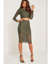 Missguided Laser Cut Midi Skirt Khaki