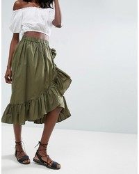 Asos Wrap Midi Skirt In Cotton With Ruffle Hem