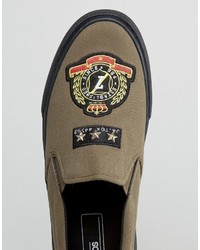 Asos Slip On Sneakers In Khaki With Badging And Studs