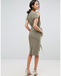 Asos Belted Midi Dress With Split Cap Sleeve And Pencil Skirt
