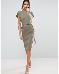 Asos Belted Midi Dress With Split Cap Sleeve And Pencil Skirt